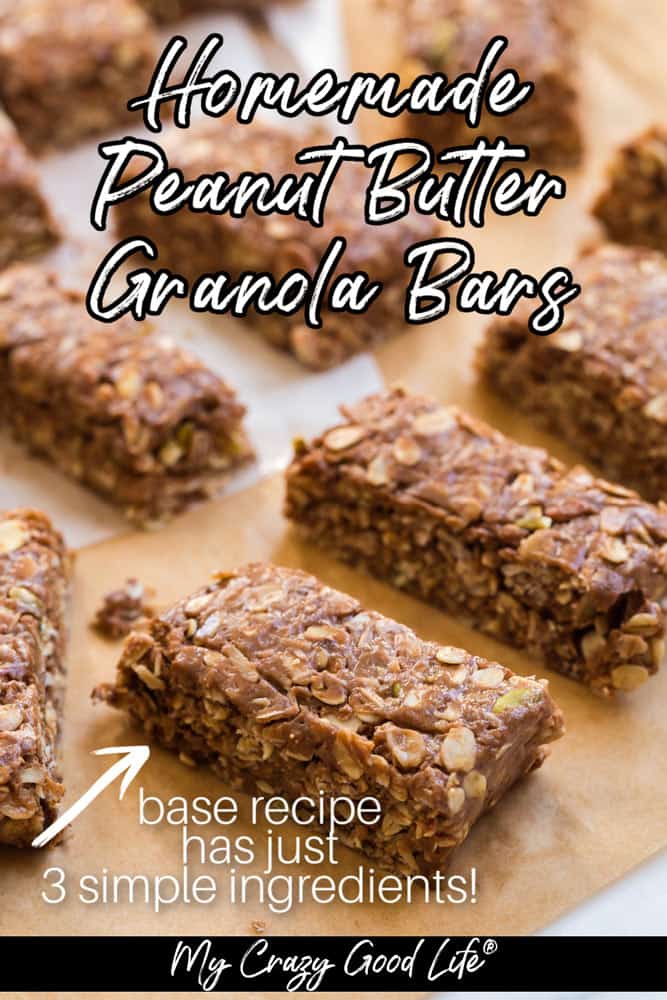 granola bars laid out on a counter on top of butcher paper. image has text for pinterest. 