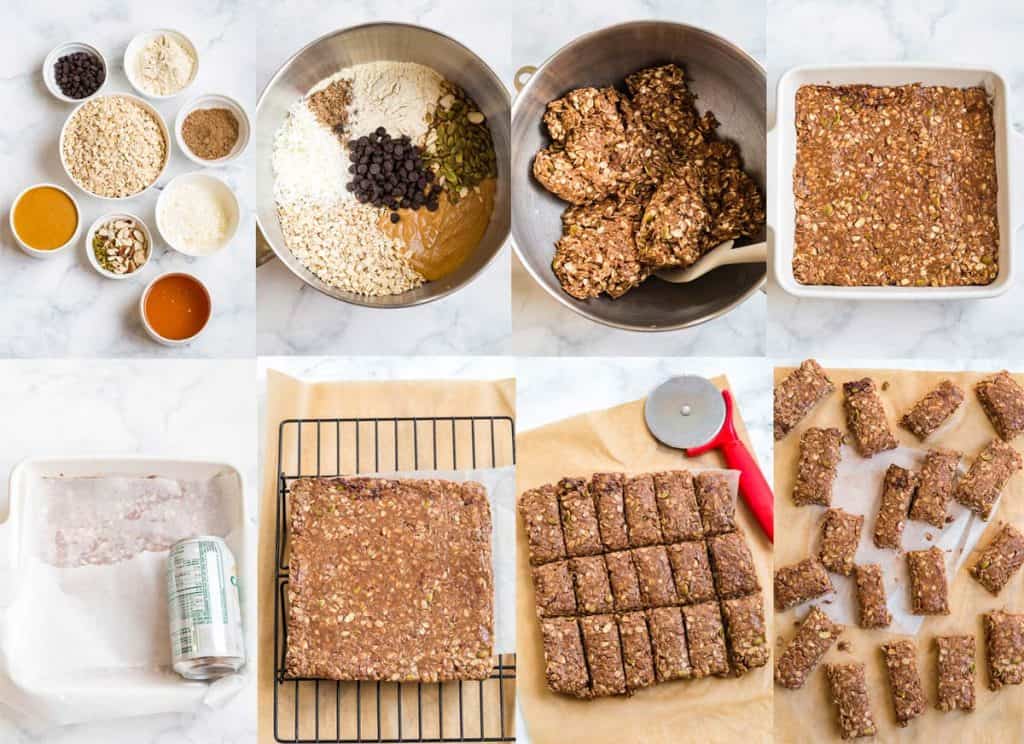 collage showing the 8 steps to make these peanut butter granola bars