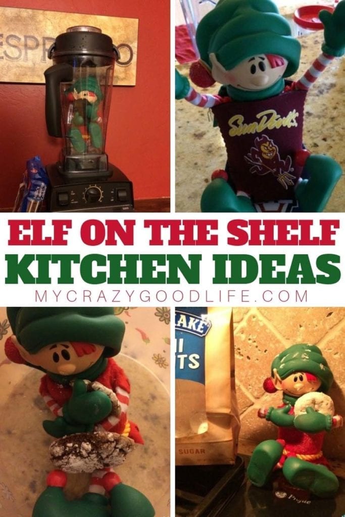 Here are some easy ideas for your elf on the shelf in your kitchen! It's always an easy place to hide the elf, since the kids aren't in there at night! If you are looking for some creative elf on the shelf ideas for the kitchen, these will have you going for a while! Elf on the Shelf Ideas | Kitchen Ideas for Elf on the Shelf | Elf on the Shelf Kitchen Ideas | Elf on the Shelf Kitchen Poses