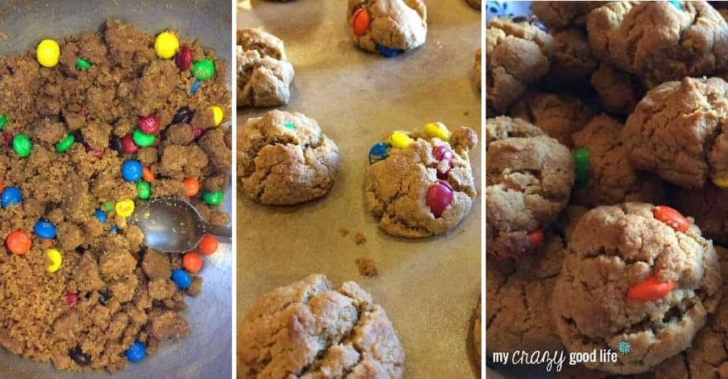 collage of images showing steps to make Easy Gluten Free Cookies and M&Ms
