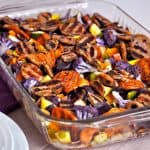casserole dish with veggies and grilled sausage