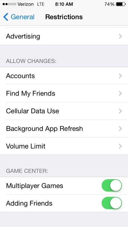 Disable multi-player game settings on iPhone