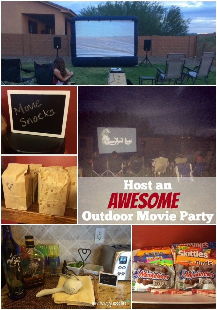 collage showing our outdoor movie night - screen and speaker set up, snacks, and overview of the backyard