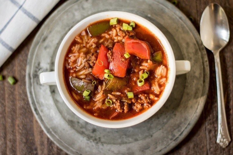 This stuffed pepper soup in the crockpot is so easy, and really delicious. I've been known to add some ground Italian sausage to it. It's also great for the 21 Day Fix! Container counts included.