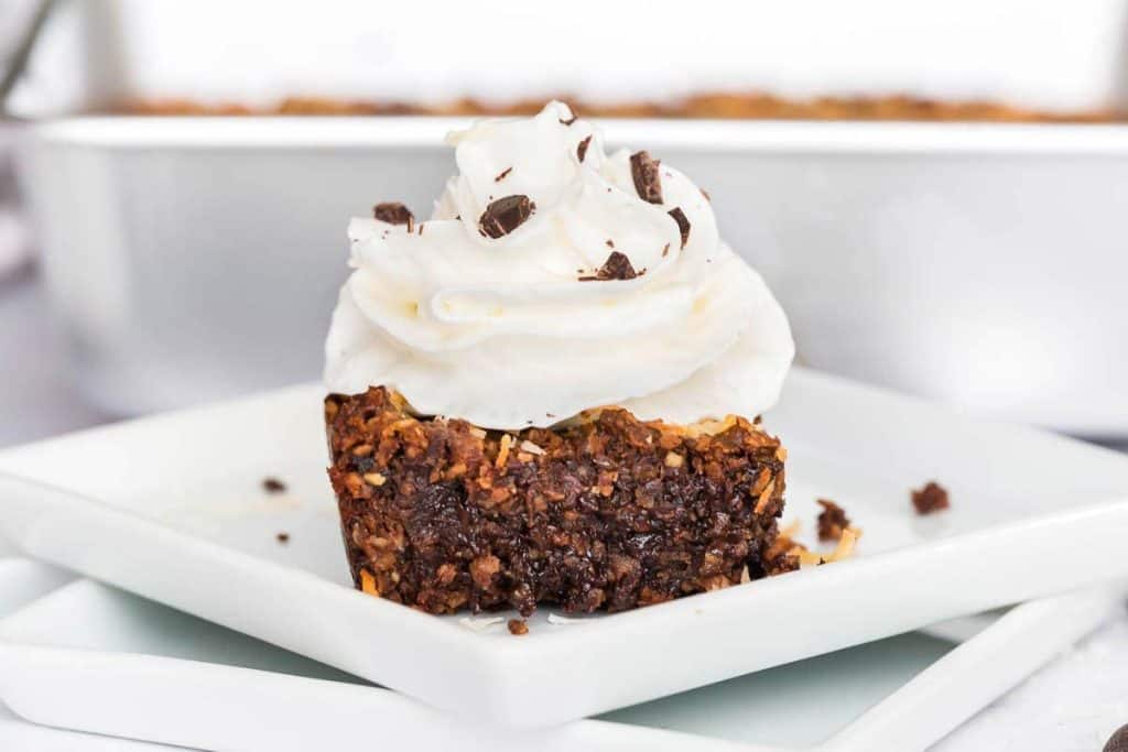 Healthy Coconut Brownies with whipped topping