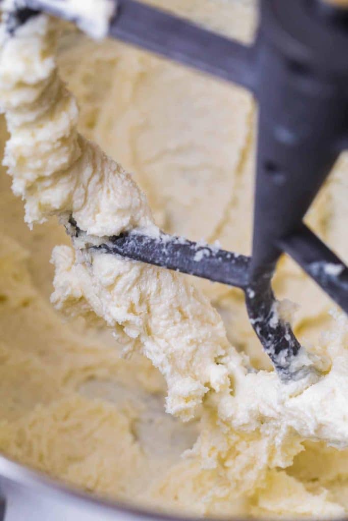 close up view of mixer after adding eggs to the recipe