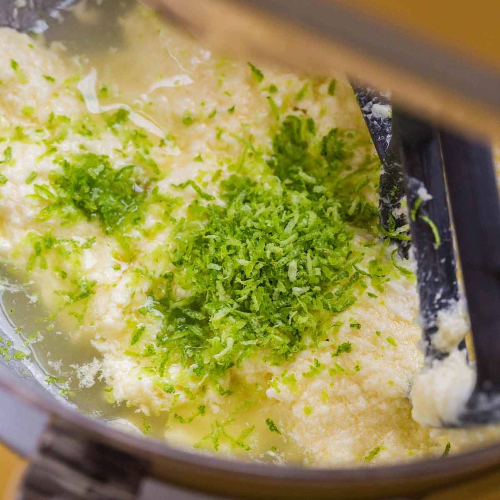 close up view of mixer after adding lime zest