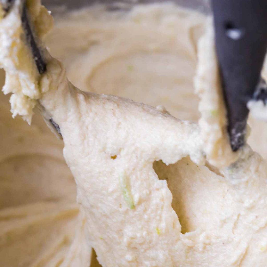 close up of mixer after starting to add flour to this recipe