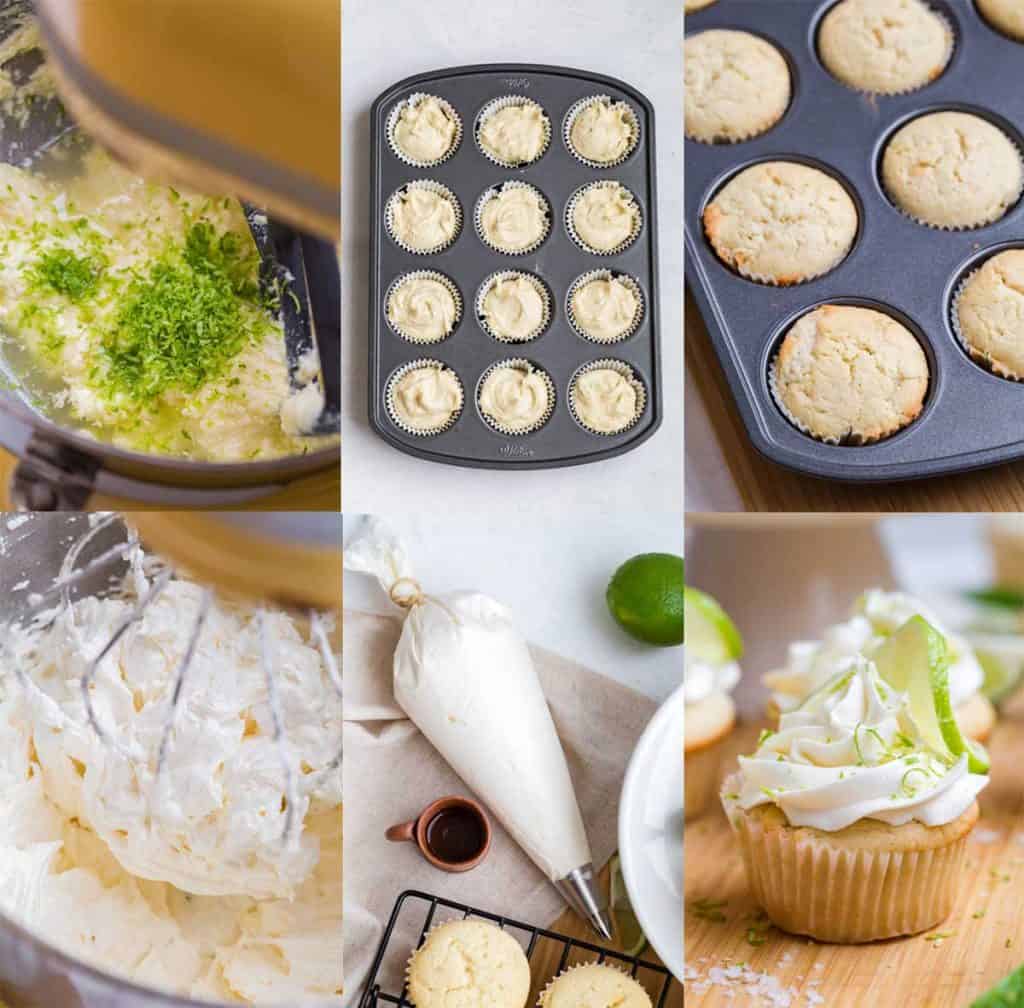 collage of images showing steps to make Margarita Cupcakes