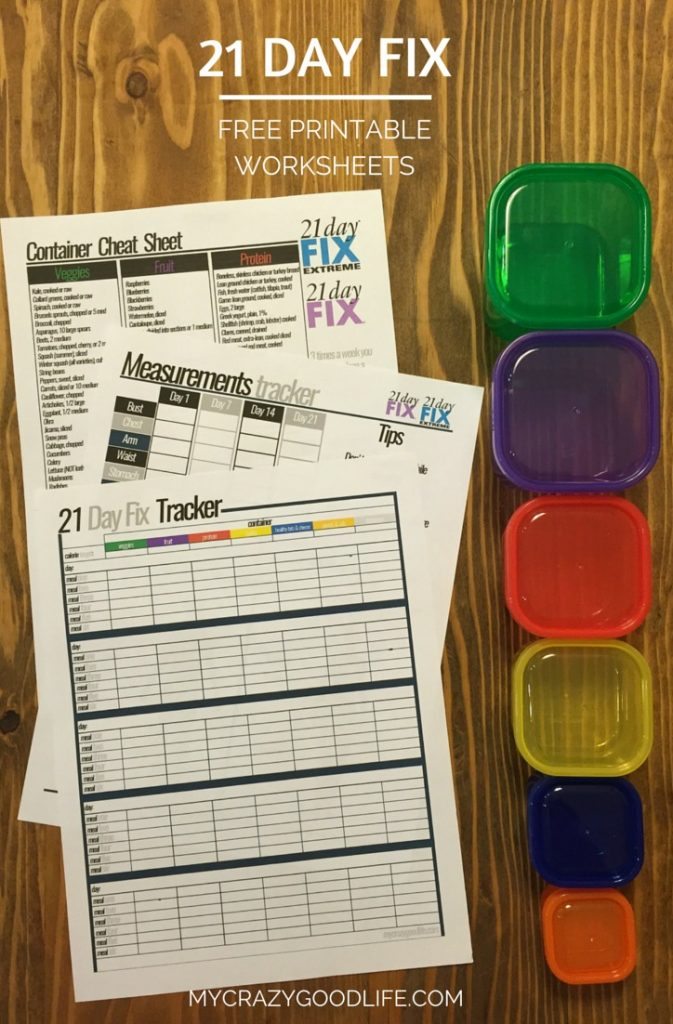 21 Day Fix Free Printable Worksheets for meal tracking, measurements, and a container cheat sheet. 