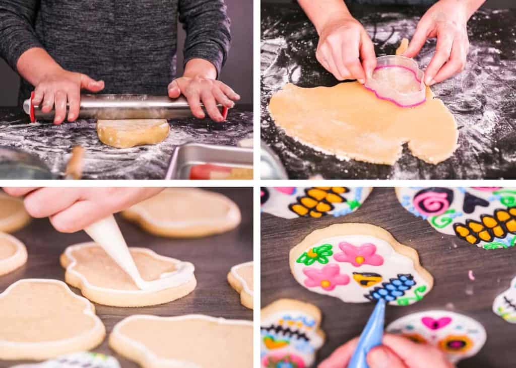 collage of images showing steps to make sugar skull cookies