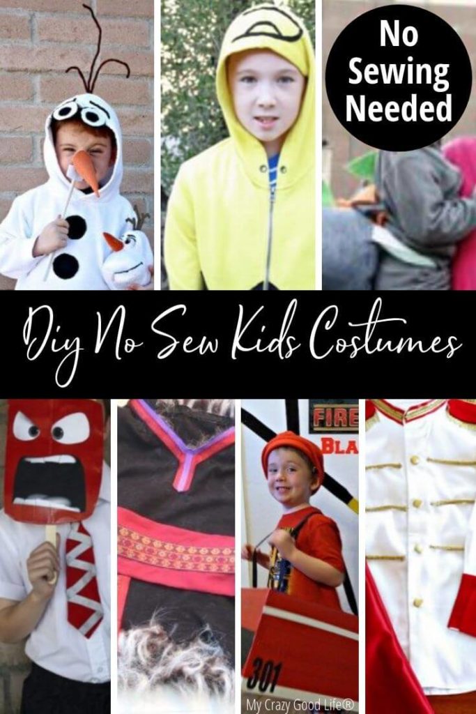 Pin showing some of the DIY no sew kids costumes for Halloween and title in the middle.