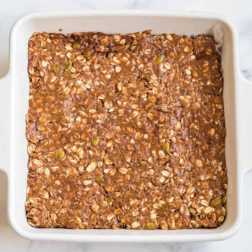 8 by 8 dish with peanut butter granola bar mixture, uncut