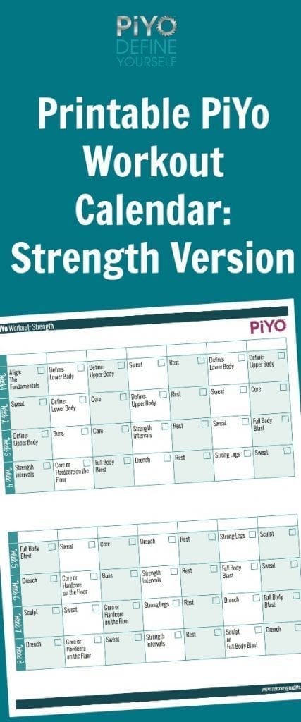 This free printable PiYo workout calendar can be printed as many times as you need! Don't mark up your new PiYo book–use these instead to track your workouts! 