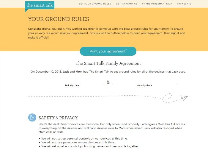 The Smart Talk internet contract for kids