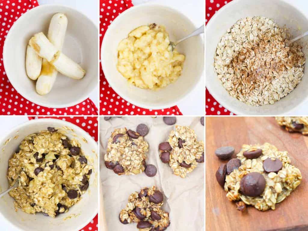 collage of images showing steps to make Banana Oatmeal Chocolate Chip Cookies