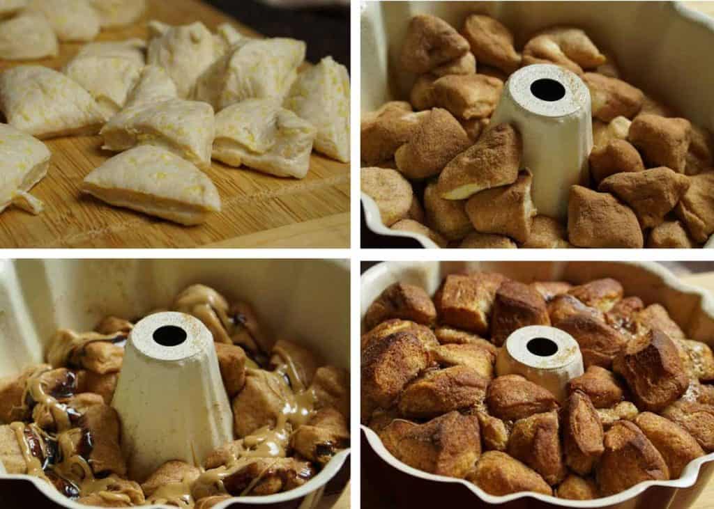 collage of images showing steps to make Peanut Butter Cup Monkey Bread