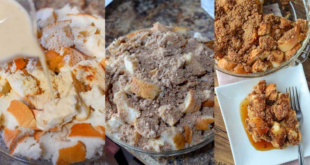 collage showing how to make this dinner roll french toast casserole