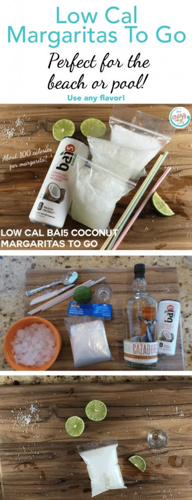 These low-cal coconut margaritas to go are perfect for the beach or the pool! Carry your drink with you and pre-fill bags so you don't have to leave the party later! Use my low-cal margaritas recipe or fill the pouches with your favorite recipe!