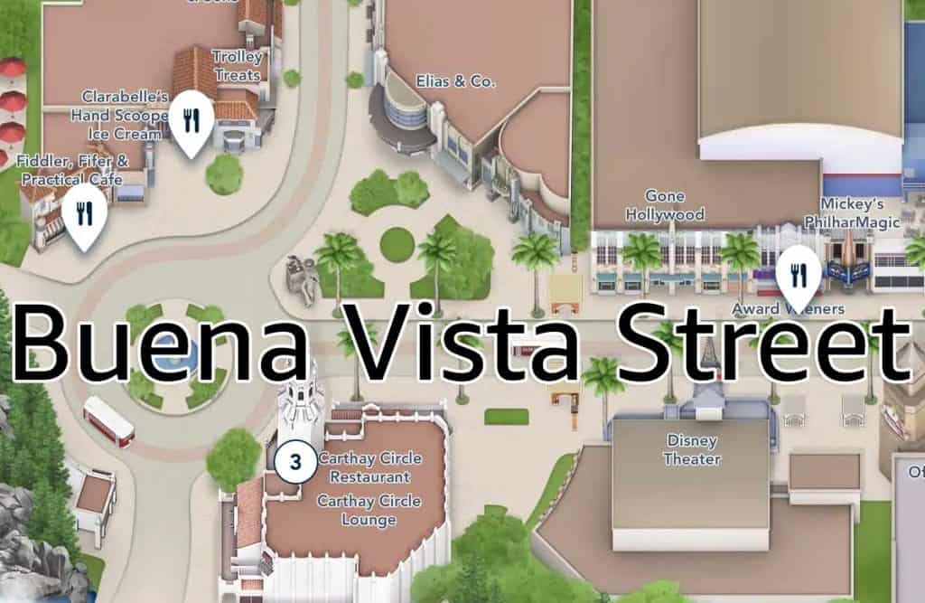 Disney map with text showing where Buena Vista Street is