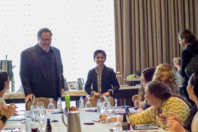 BEVERLY HILLS - APRIL 04 - Director Jon Favreau & Actor Neel Sethi during the "The Jungle Book" press junket at the Beverly Hilton on April 4, 2016 in Beverly Hills, California. (Photo by Becky Fry/My Sparkling Life for Disney)