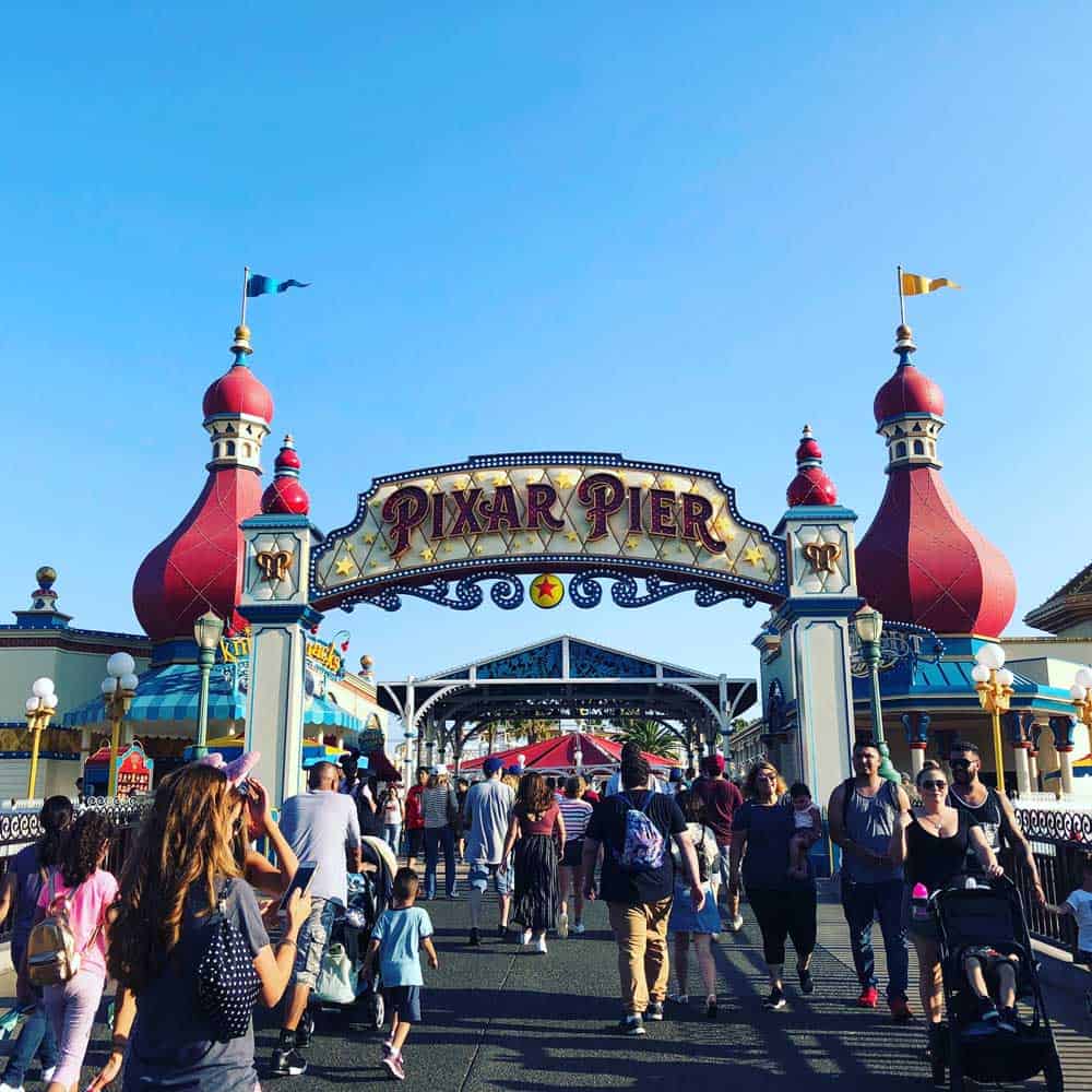 blue skies with Pixar Pier bridge