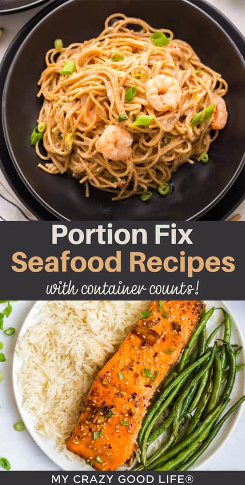 collage showing two seafood recipes and text with post title
