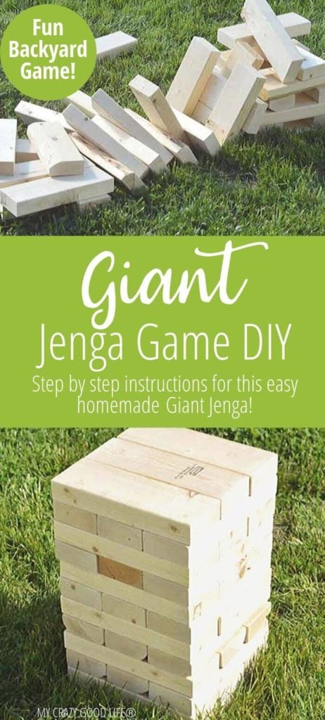 Giant Jenga game project with title in the middle and two images of the finished game.