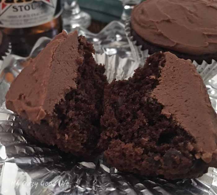 Close up of chocolate cupcake, broken in half