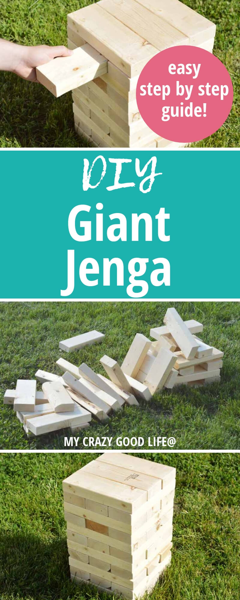 image with text of giant wood jenga game on grass