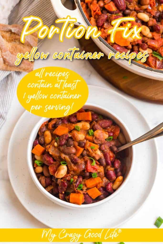 white bowl of cooked vegetarian chili with large pot of chili in the background, text for pinterest added