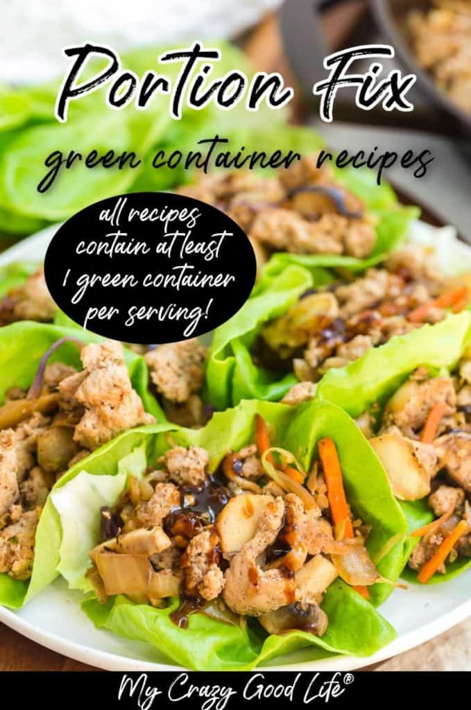 close up of chicken lettuce wraps on a white plate with text for pinterest