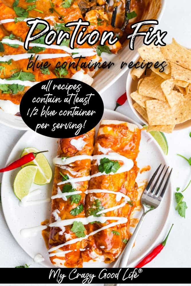 beef enchiladas on a white plate with text for pinterest