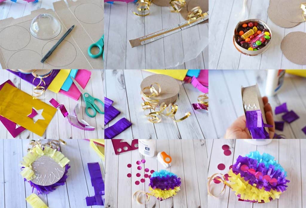 a collage of 9 images showing how to make mini pinatas