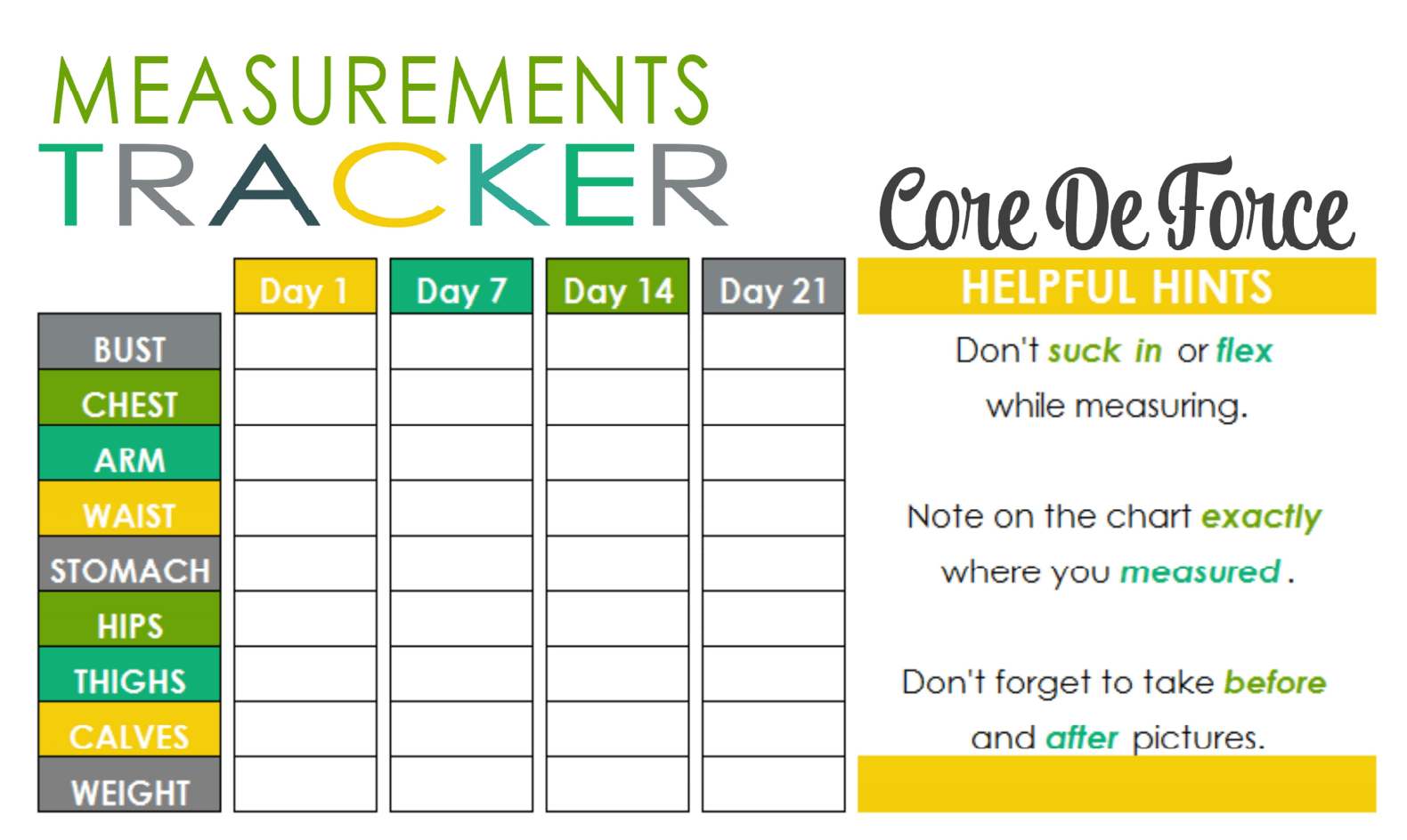 free printable measurement tracker for core de force