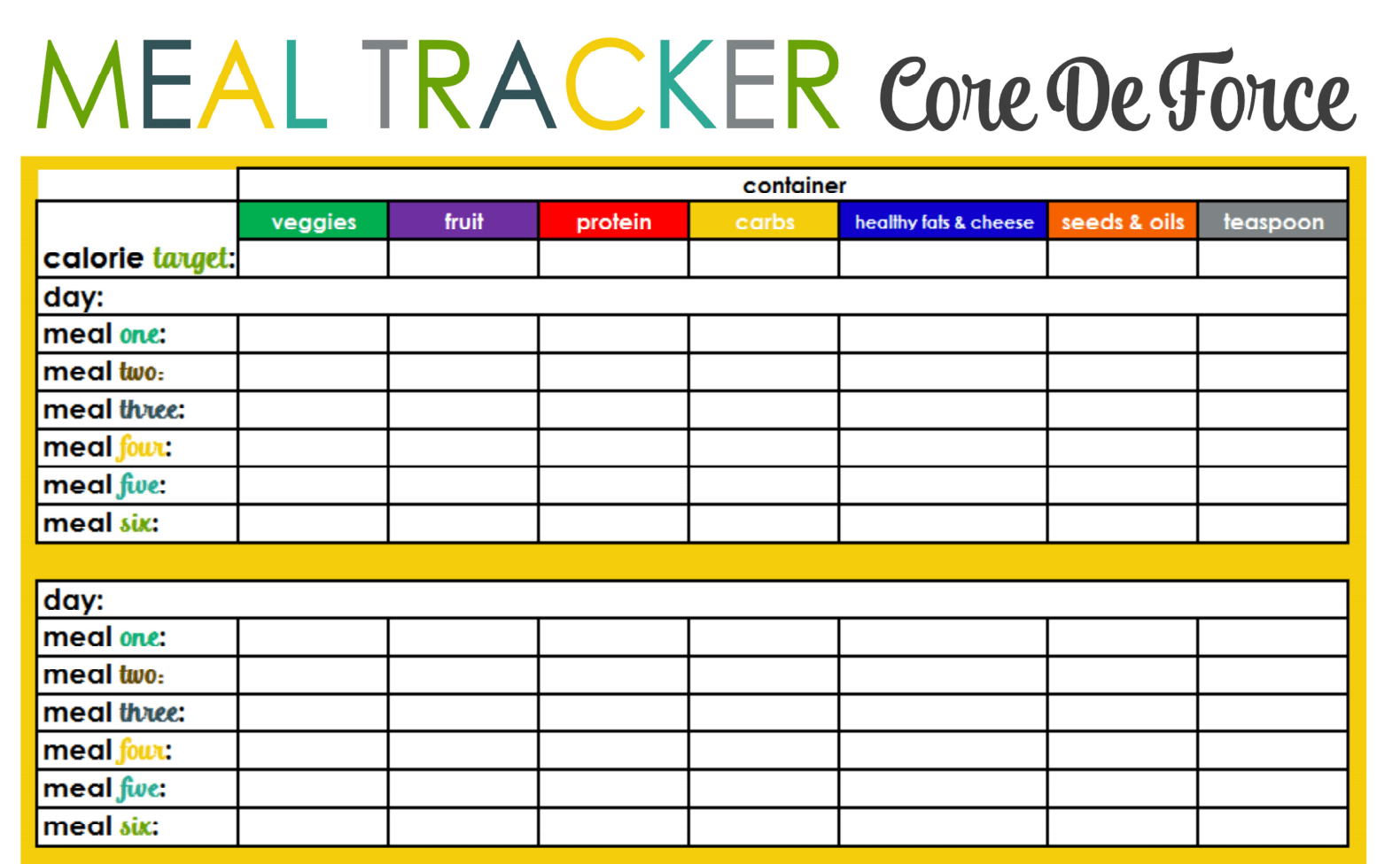 Core de Force Meal Tracker Printable