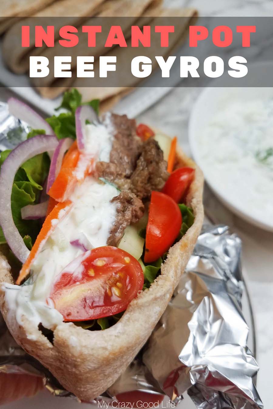 These Instant Pot Beef Gyros (can be made on stove too!) are a quick meal filled with clean ingredients and veggies–and they're 21 Day Fix friendly! | 21 Day Fix Instant Pot Beef Gyros | Instant Pot Dinner Recipe | 21 Day Fix Dinner Recipe | 21 Day Fix Gryos #instantpot #pressurecooker #IPcooking #pressurecooking #21dayfix #beachbody