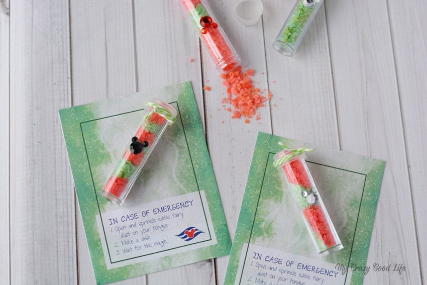 These DIY Fish Extenders are perfect for your next Disney Cruise! Vials full of edible pixie dust are perfect to give to little girls or families on a Disney Cruise.