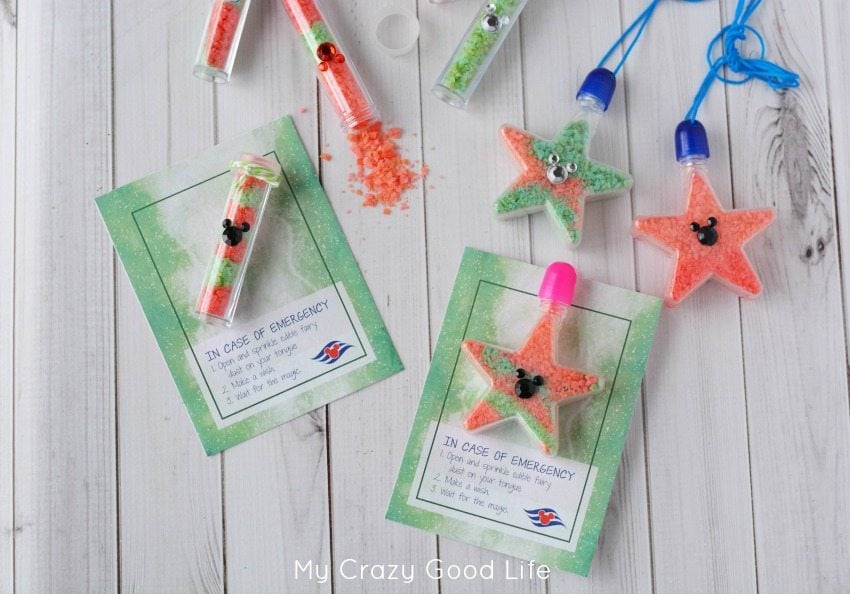 These edible pixie dust vial and necklace are adorable Fish Extender gifts for your Disney Cruise! They're easy to carry in your suitcase and fun for the kids to make!