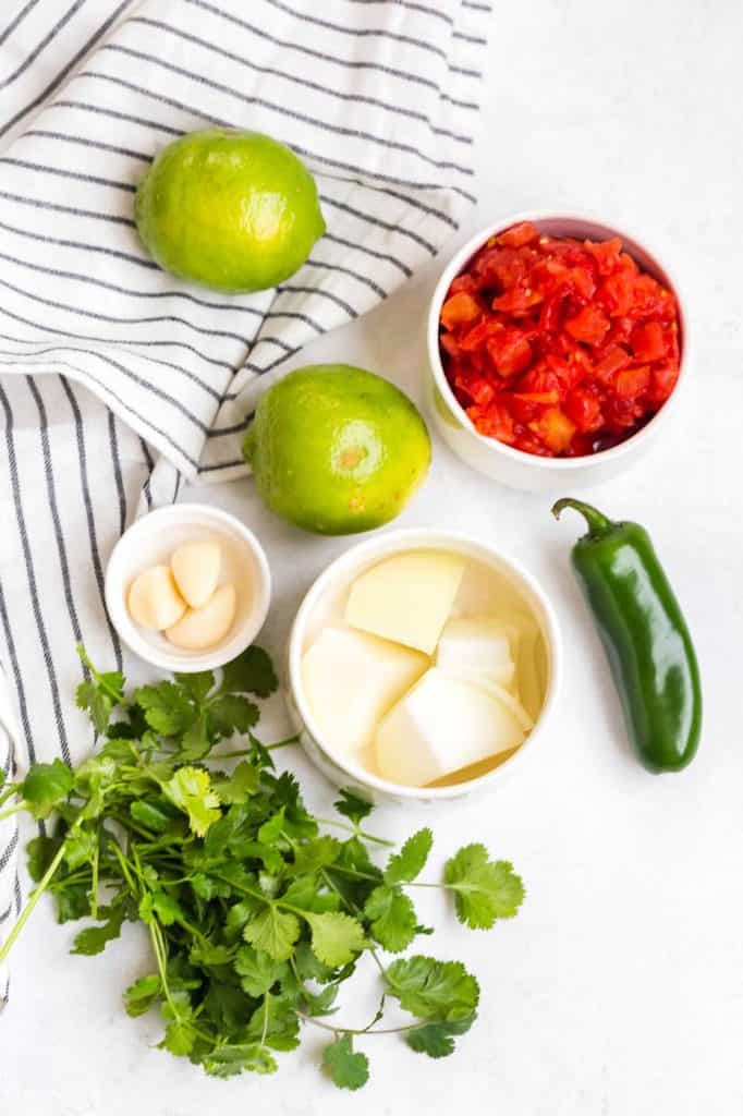 ingredients for homemade salsa on white counter with striped towel