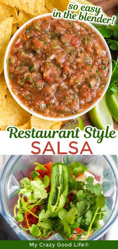 collage with image of finished salsa as well as salsa ingredients in blender, with text