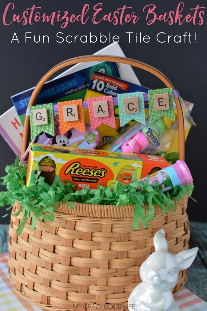 These adorable and customized Easter Baskets are the perfect Scrabble Tile Craft! They're an easy DIY Easter Basket that can be personalized several ways.