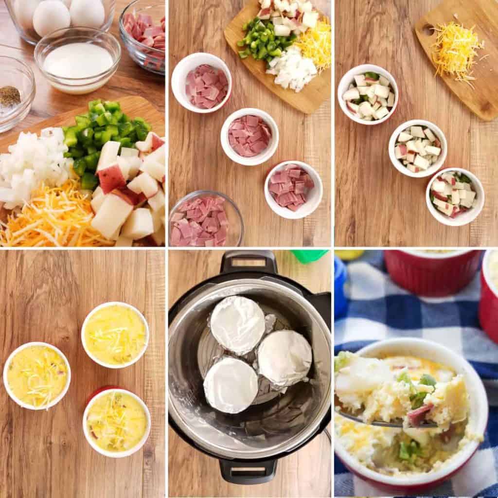 collage of images showing steps to make Instant Pot Frittata Recipe in Ramekins