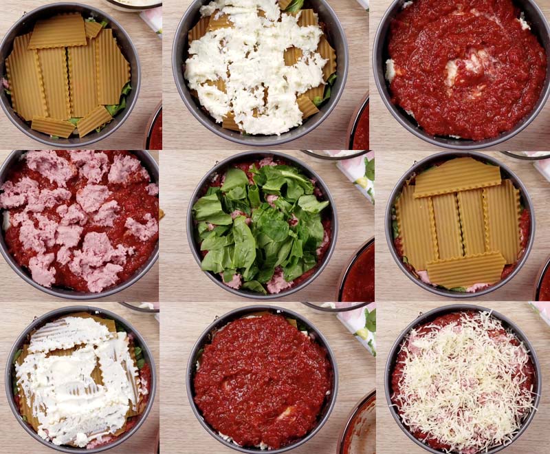collage of 9 images showing how to layer a lasagna