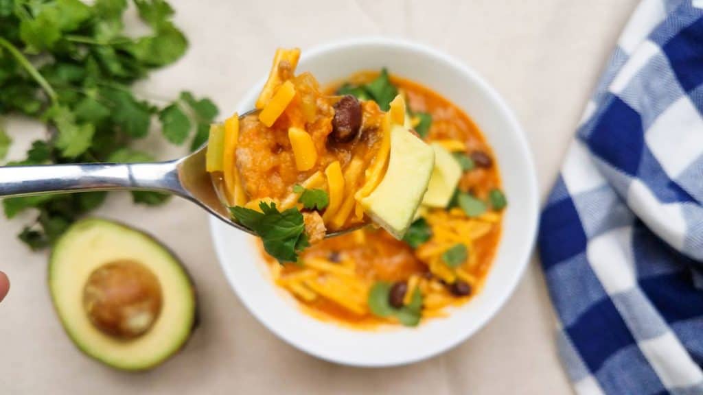 Instant Pot Spicy Sweet Potato Chili close up on spoon