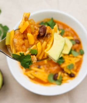 Instant Pot Spicy Sweet Potato Chili close up on spoon