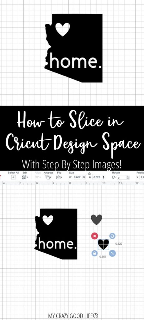 Pin with two of the in process images showing how to slice in cricut design space.