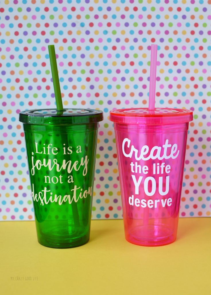 These DIY Vinyl Cups are adorable and versatile. They are a perfect vinyl craft idea to make with a cutting machine! Easily customize with your own sayings. 