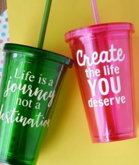 These DIY Vinyl Cups are adorable and versatile. They are a perfect vinyl craft idea to make with a cutting machine! Easily customize with your own sayings.