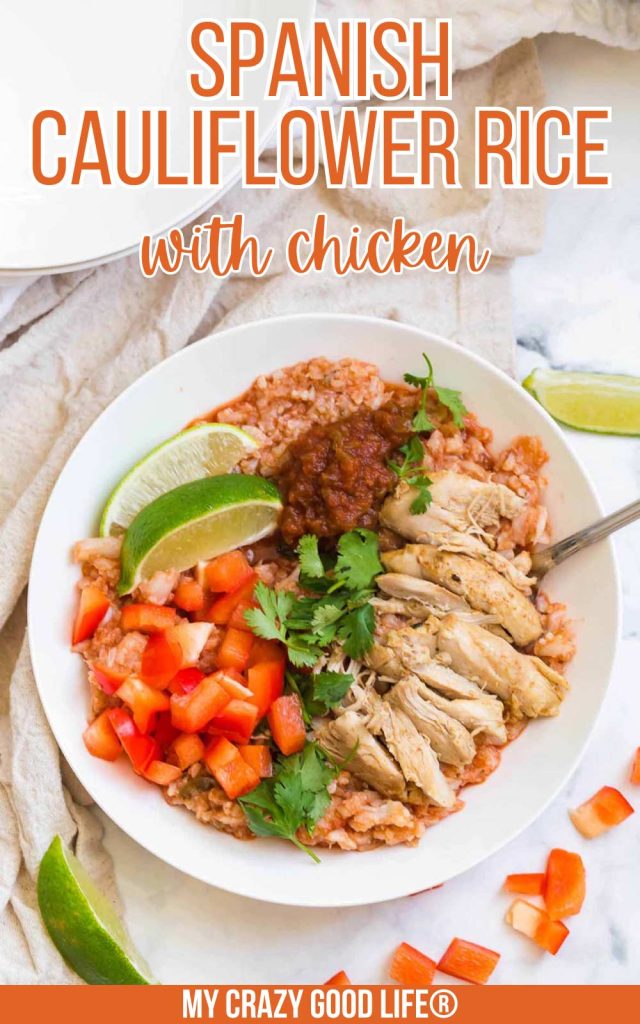 image with text, image is of a cooked and plated white bowl of cauliflower rice with chicken